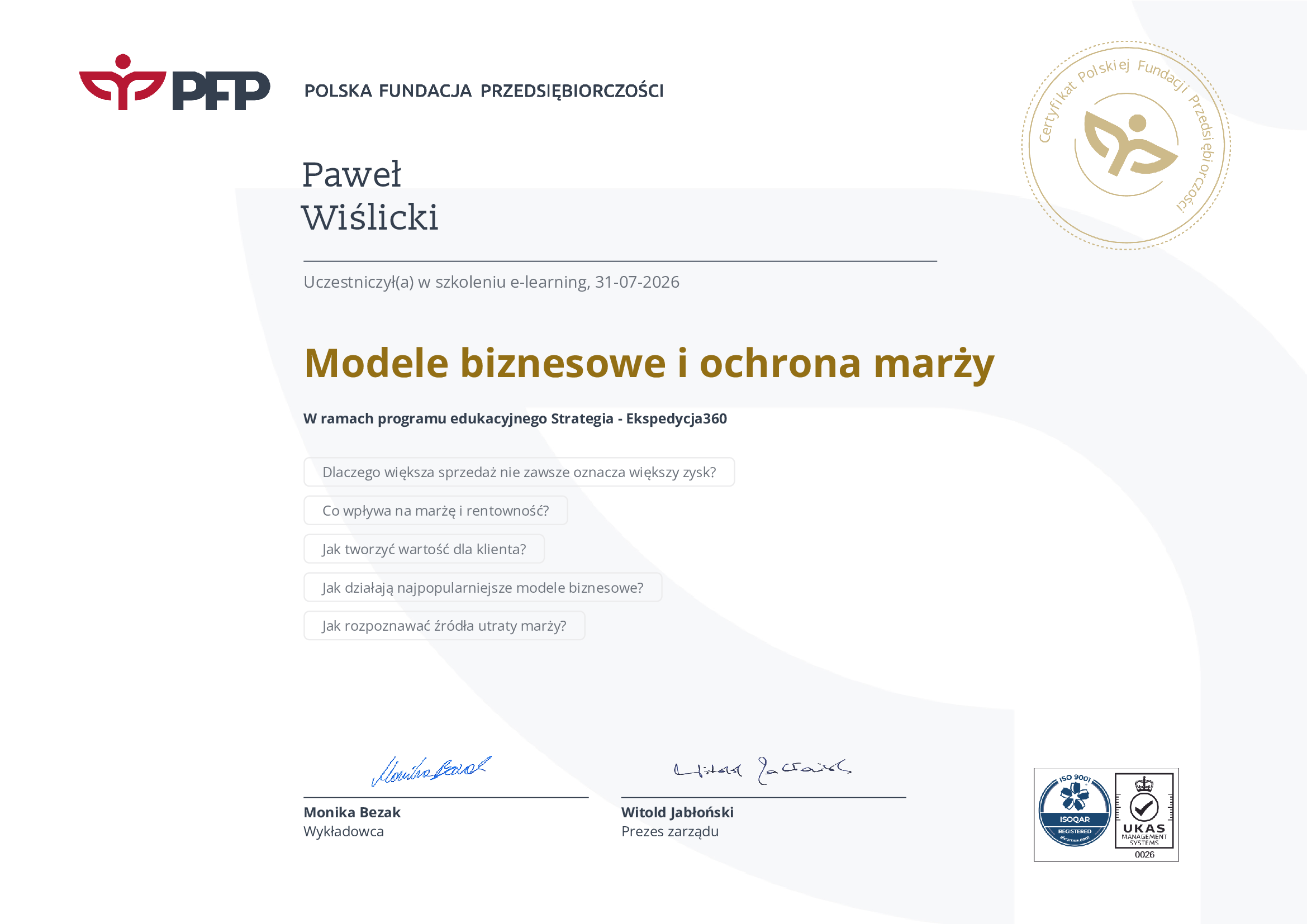 Certyfikat Polska Fundacja Przedsiębiorczości